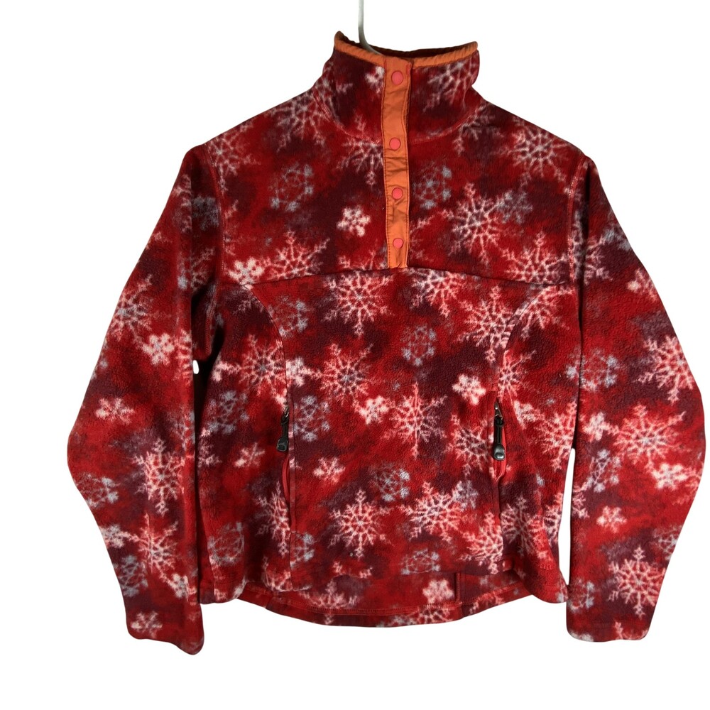 L.L.Bean Fleece Jacket Womens Small Red Snowflake Polartec Snap Holiday Pullover